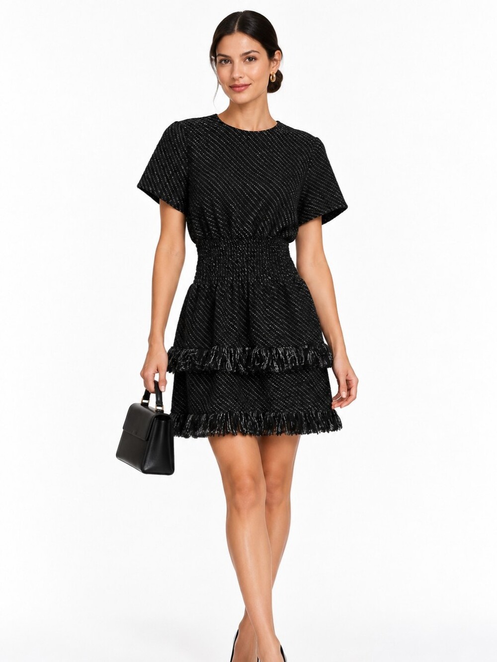 Maje Black Tweed Fringe Tiered Dress Size 2 Medium Smocked Waist Business Chic